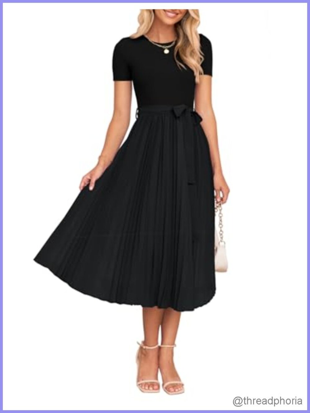 Knit Midi Dress Round Neck Short Sleeve A-Line Chiffon Skirt with Belt